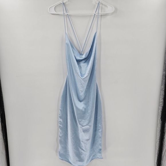 Nwt revolve superdown billie drape midi dress blue satin crisscross side slit me - Picture 3 of 8